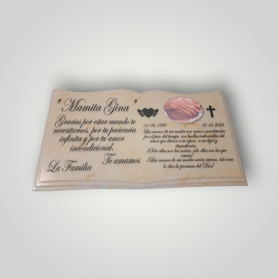 Lapida de cuarzo con diseño de libro más grabado de diseño bajo relieve.