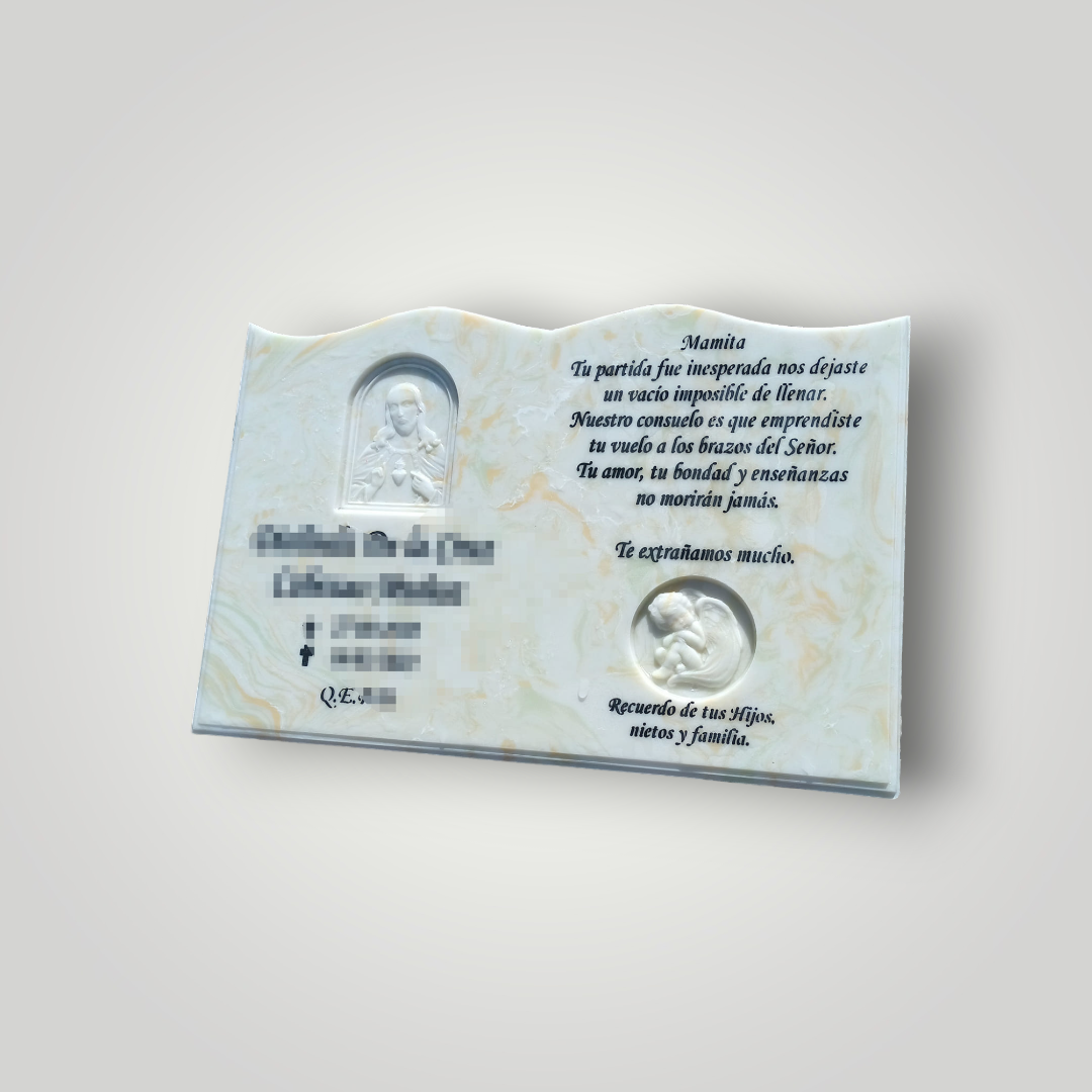 Lapida de cuarzo con diseño de libro más grabado de diseño bajo relieve.